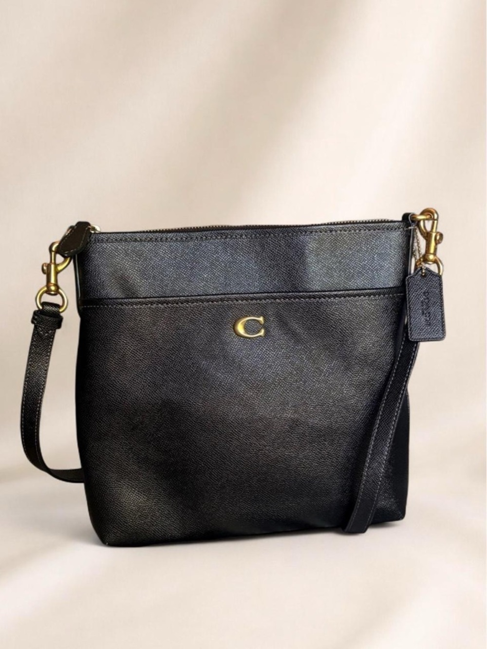 Coach Black Leather Crossbody with Gold Accent